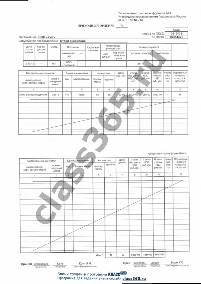 Как заполняется бланк приходного ордера М-4 ↑